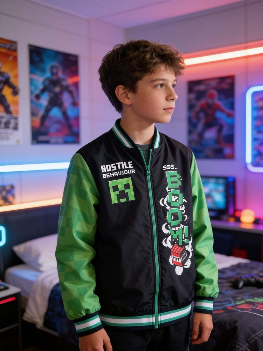 Minecraft Gamer Bomber Jacket Creeper Hostile Behavior Boys 18/mens Small